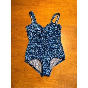 Gabar Women's Floral Ruched Front V-Neck One-Piece Swimsuit Navy Blue Size 14